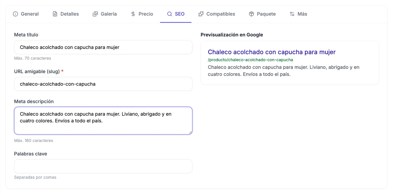 Pestaña SEO con meta título, URL amigable, meta descripción y la previsualización de cómo se verá en Google