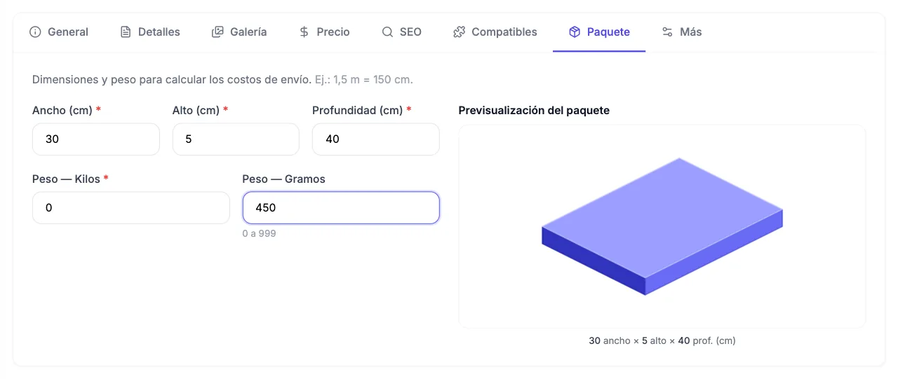 Pestaña Paquete con 30 de ancho, 5 de alto, 40 de profundidad, 0 kilos y 450 gramos, y el dibujo de la caja