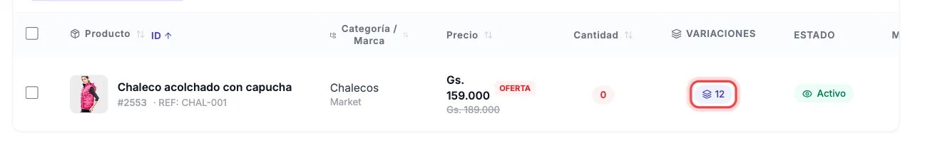 Fila del producto en el listado con el botón de la columna Variaciones marcado