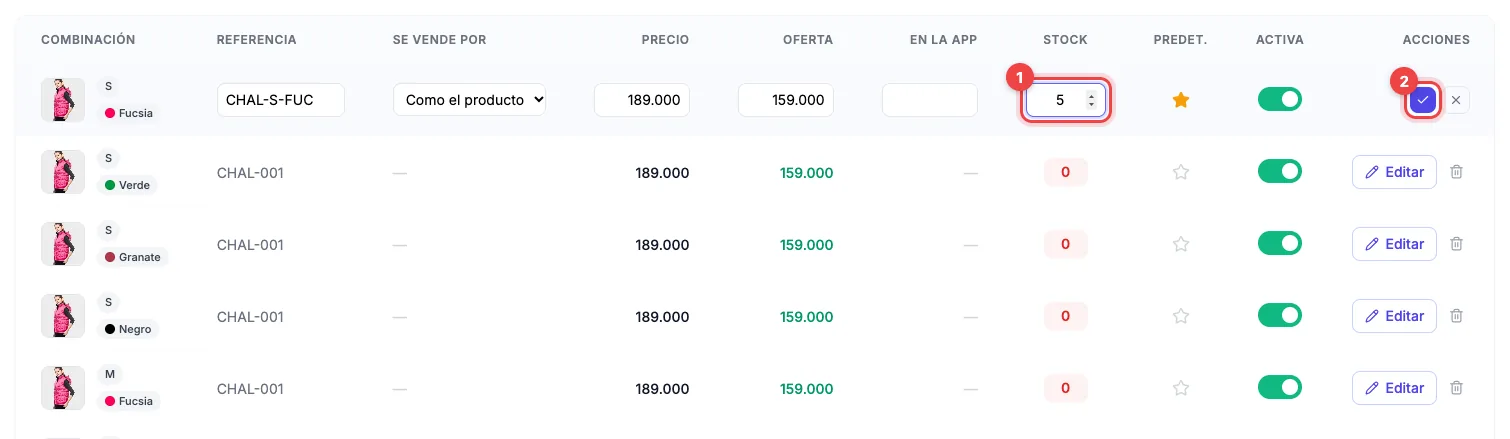 Lista de variaciones con la primera fila en edición: stock 5 marcado con el número 1 y el botón de confirmar marcado con el número 2