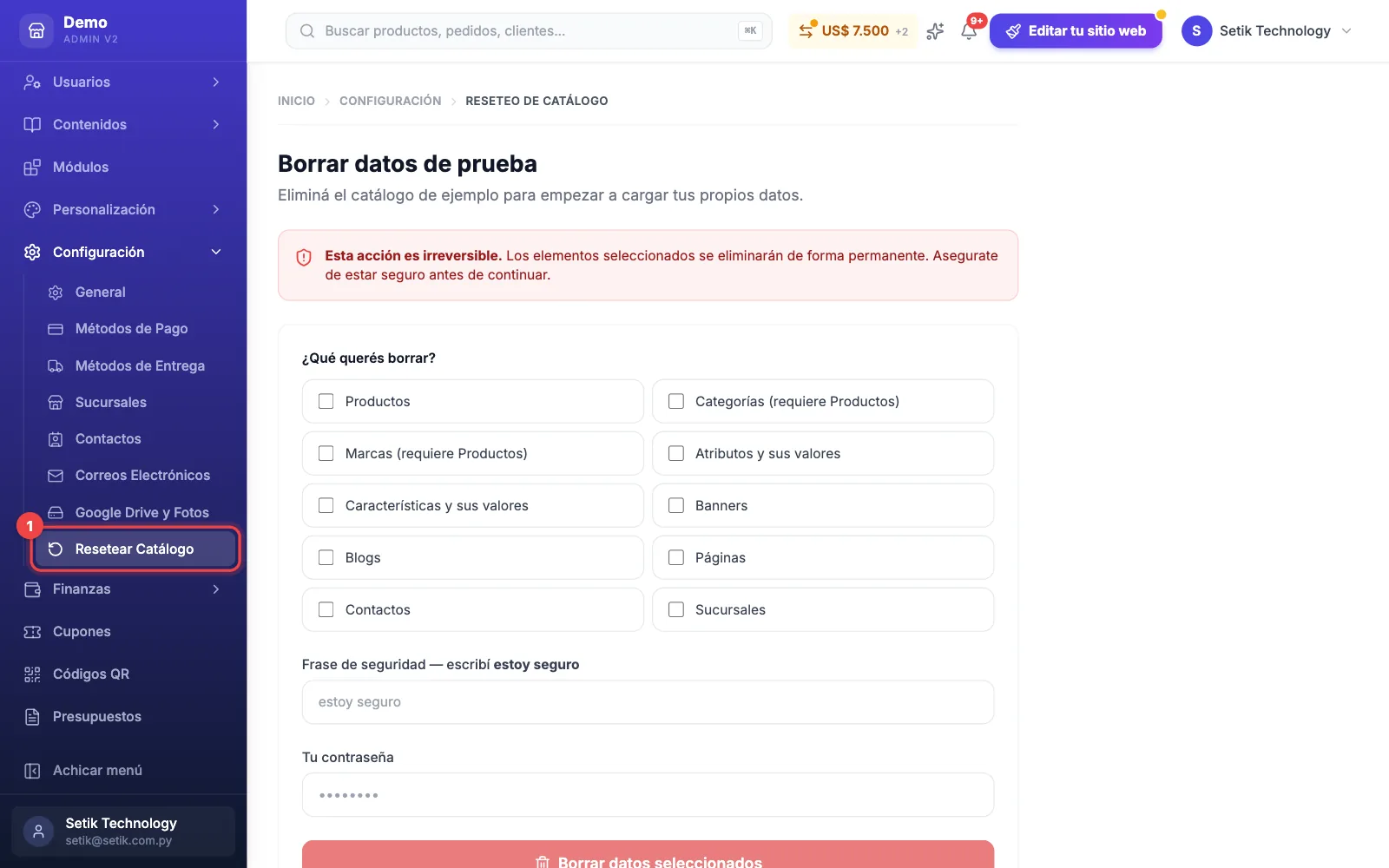 Pantalla Borrar datos de prueba del panel, abierta desde Configuración, Resetear Catálogo en el menú lateral