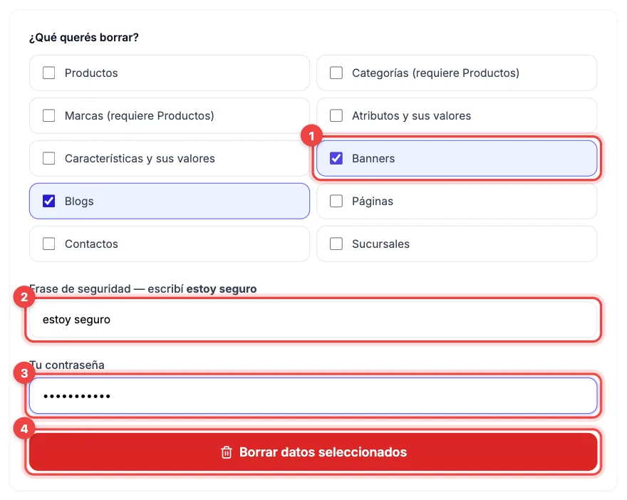 Formulario Borrar datos de prueba con las casillas Banners y Blogs marcadas, la frase estoy seguro escrita, la contraseña y el botón Borrar datos seleccionados