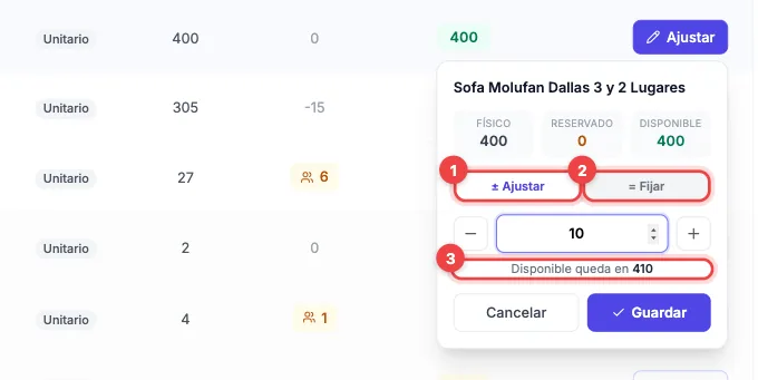 Ventana para ajustar el stock con los modos Ajustar y Fijar y el aviso Disponible queda en 410